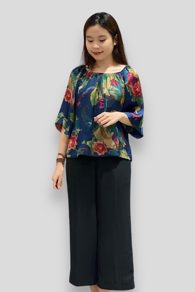 Quần suôn lỡ lưng sau thun - lụa đen
