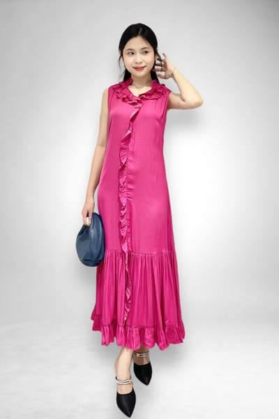 Đầm maxi suông tùng dún, cổ V bèo 2l