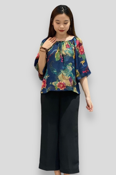 Quần suôn lỡ lưng sau thun - lụa đen