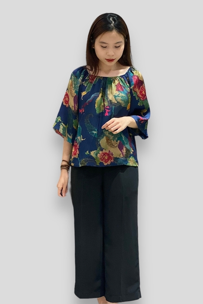 Quần suôn lỡ lưng sau thun - lụa đen