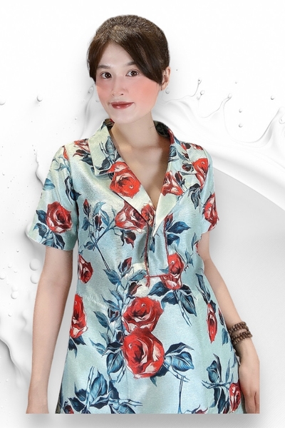 Đầm tunic nanton xẻ trụ tay ngắn, túi, kết cườm
