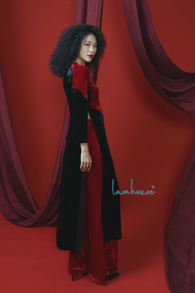 Áo Dài Nhung Phối Màu