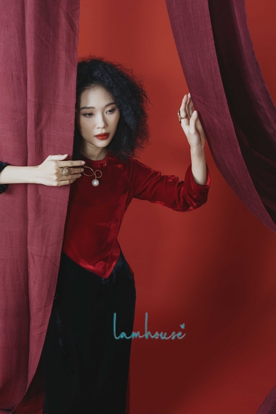 Áo Dài Nhung Phối Màu