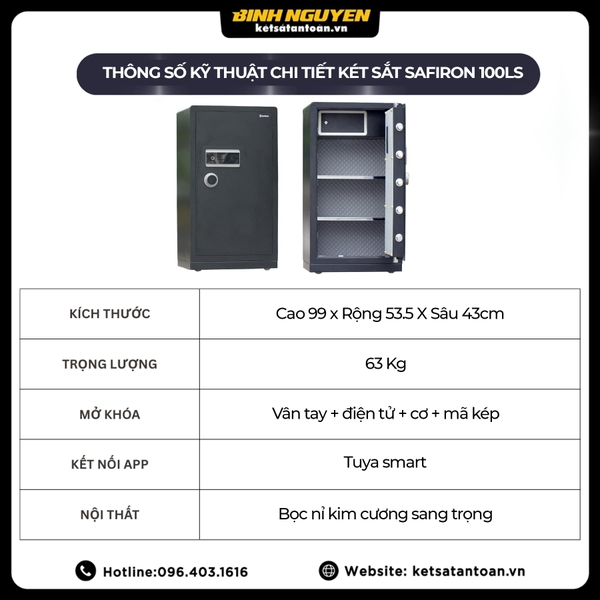 Thông số kỹ thuật két sắt Safiron 100LS thân thép Q345 khóa vân tay điện tử