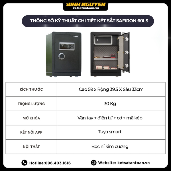 Bảng thông số kỹ thuật đầy đủ két sắt Safiron 60LS khóa vân tay điện tử