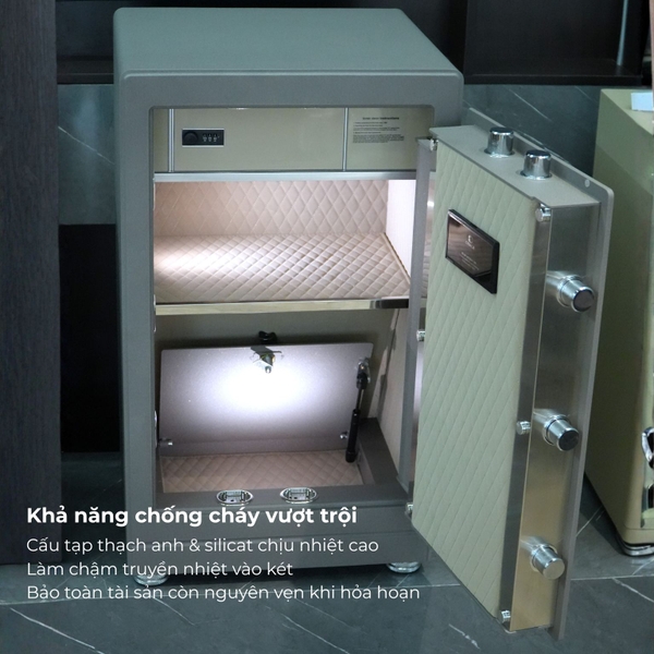 Nội thất két sắt Xiaomi CRMCR 81LB mở cửa, cấu trúc chống cháy đa tầng thạch anh và silicat chịu nhiệt cao.