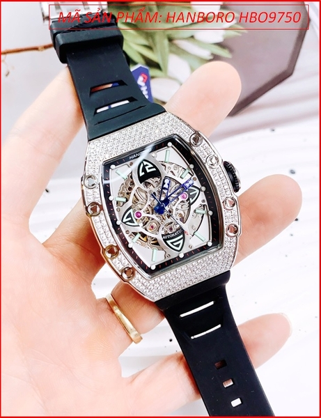 Đồng Hồ Nam Hanboro Automatic Mặt Full Đá Dây Silicone Đen