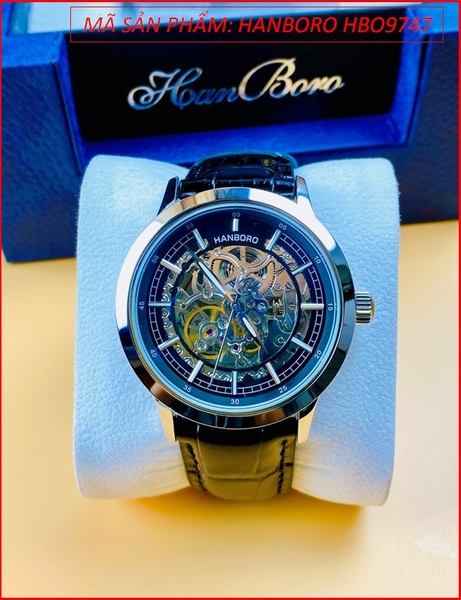 Đồng Hồ Nam Hanboro Automatic Mặt Đen Lộ Cơ Dây Da