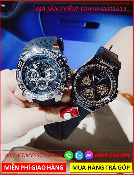 Đồng Hồ Cặp Đôi Guess Chronograph Đính Đá Dây Silicone