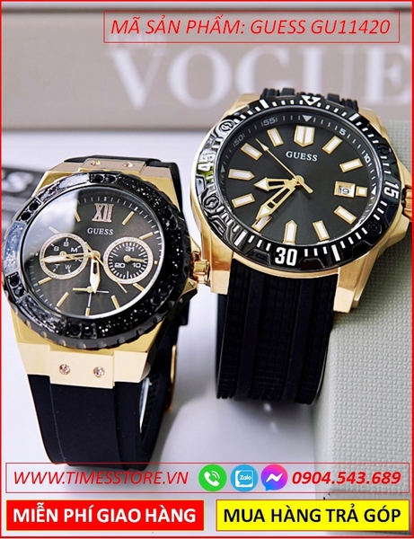 Đồng Hồ Cặp Đôi Guess Chronograph Thể Thao Dây Silicone Đen