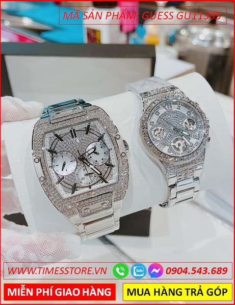 Đồng Hồ Cặp Đôi Guess Mặt Đính Full Đá Swarovski Dây Kim Loại