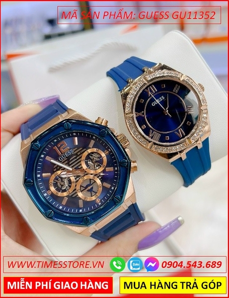 Đồng Hồ Cặp Đôi Guess Chronograph Vàng Gold Dây Cao Su Xanh