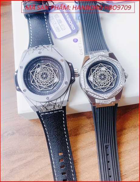 Đồng Hồ Cặp Đôi Hanboro Automatic Mặt Hoạ Tiết Vũ Trụ Dây Silicone