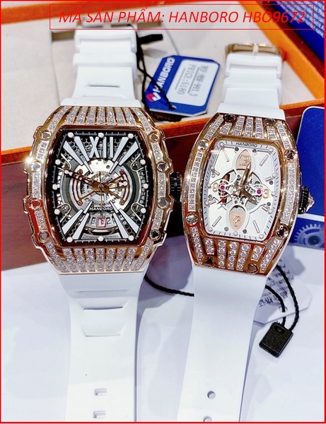 Đồng Hồ Cặp Đôi Hanboro Automatic Rose Gold Dây Silicone Trắng