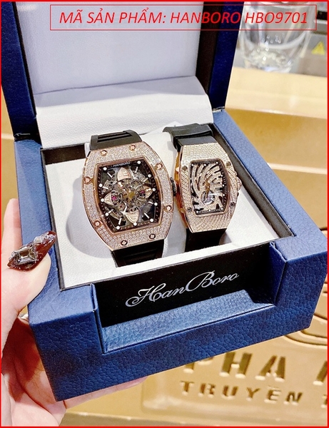 Đồng Hồ Cặp Đôi Hanboro Automatic Full Đá Rose Gold Dây Silicone Đen