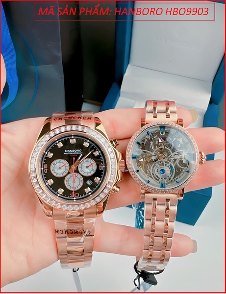 Đồng Hồ Cặp Đôi Hanboro Automatic Đính Đá Dây Kim Loại Rose Gold
