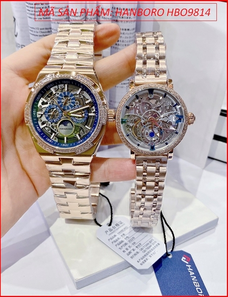 Đồng Hồ Cặp Đôi Hanboro Automatic Mặt Xanh Đính Đá Dây Rose Gold