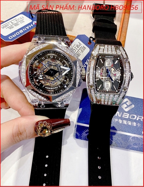 Đồng Hồ Cặp Đôi Hanboro Automatic Đá Swarovski Dây Silicone Đen