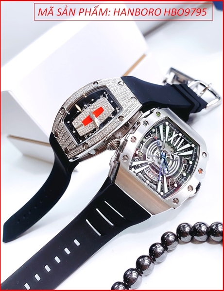Đồng Hồ Cặp Đôi Hanboro Automatic Mặt Oval Lộ Máy Dây Silicone
