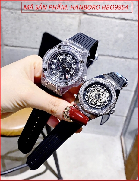 Đồng Hồ Cặp Đôi Hanboro Automatic Mặt Tròn Đính Đá Dây Silicone