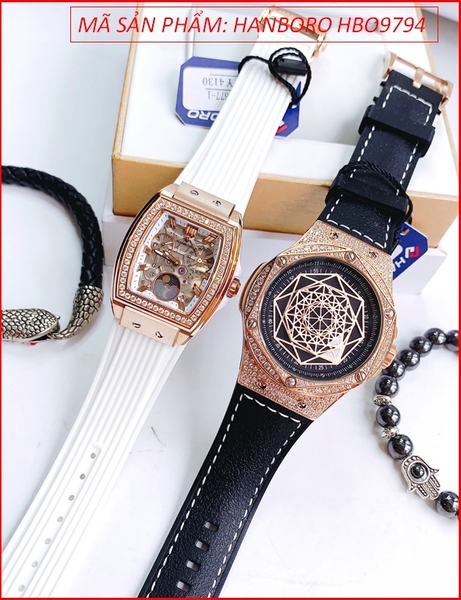 Đồng Hồ Cặp Đôi Hanboro Đính Đá Rose Gold Dây Silicone