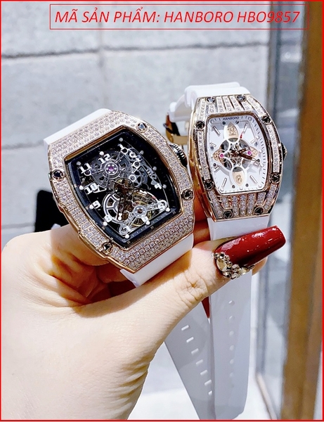 Đồng Hồ Cặp Đôi Hanboro Đính Đá Rose Gold Dây Silicone Trắng