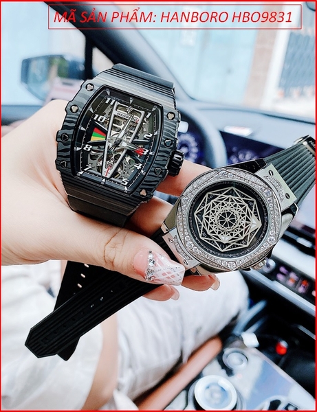 Đồng Hồ Cặp Đôi Hanboro Automatic Mặt Full Đen Dây Silicone