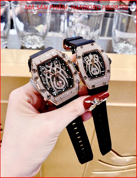 Đồng Hồ Cặp Đôi Hanboro Mặt Nhện Full Đá Rose Gold Dây Silicone