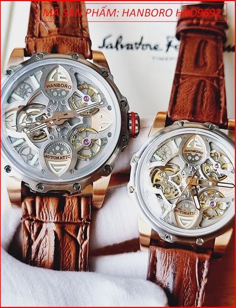 Đồng Hồ Cặp Đôi Hanboro Tourbillon Automatic Demi Lộ Máy Dây Da Nâu