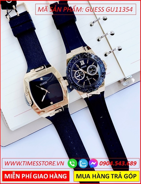 Đồng Hồ Cặp Đôi Guess Mặt Vàng Gold Đính Đá Dây Cao Su Đen