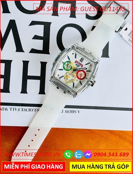 Đồng Hồ Nam Guess Mặt Chữ Nhật Trắng Dây Silicone Trắng