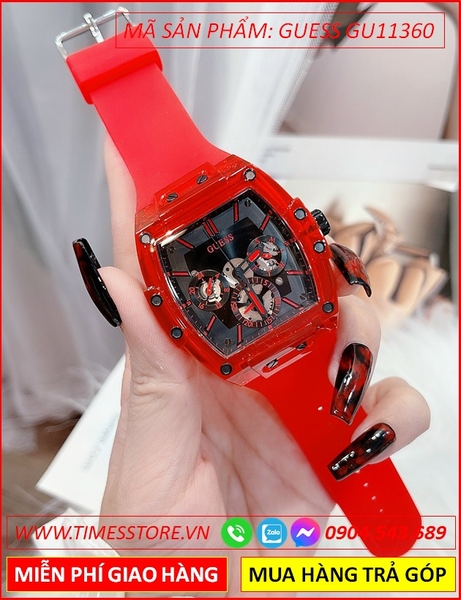 Đồng Hồ Nam Guess Mặt Chữ Nhật Đen Dây Silicone Đỏ Thời Trang