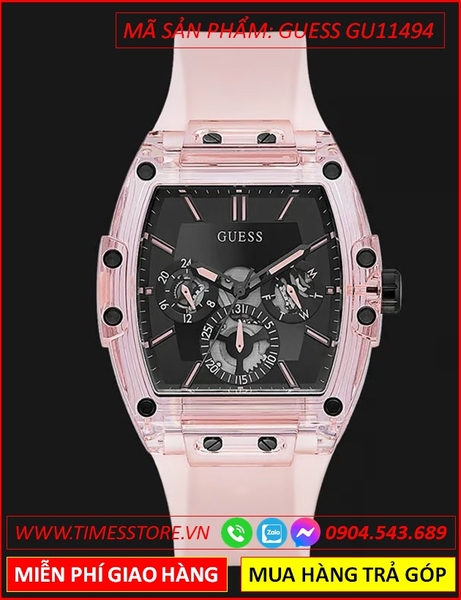 Đồng Hồ Nam Guess Mặt Chữ Nhật Đen Dây Silicone Hồng