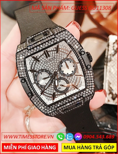 Đồng hồ Nam Guess Mặt Chữ Nhật Đính Đá Dây Silicone Full Đen