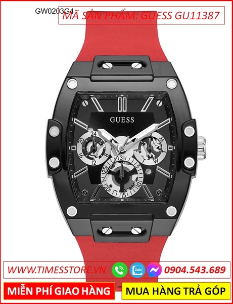 Đồng Hồ Nam Guess Mặt Chữ Nhật Full Đen Dây Silicone Đỏ