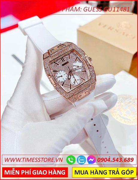 Đồng Hồ Nữ Guess Unisex Mặt Chữ Nhật Full Đá Dây Silicone Trắng
