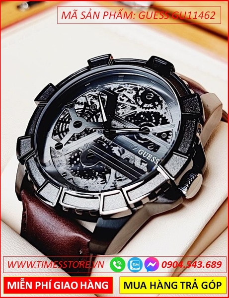 Đồng Hồ Nam Guess Automatic Mặt Thể Thao Full Đen Dây Da Nâu