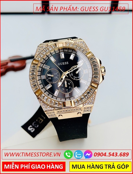 Đồng Hồ Nam Guess Chronograph Đính Đá Vàng Gold Dây Silicone