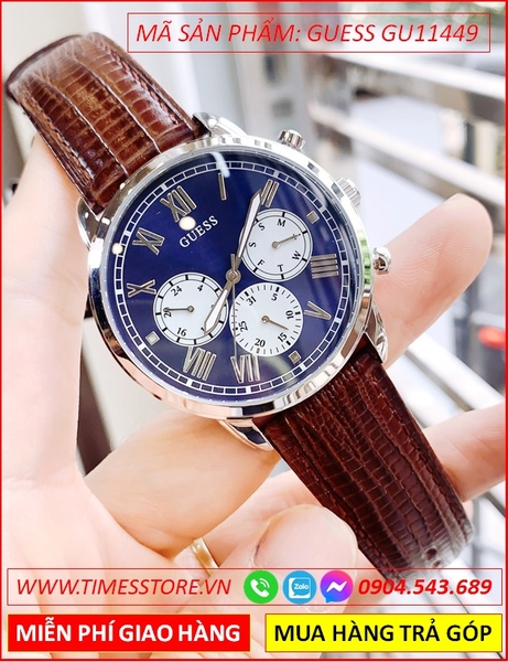 Đồng Hồ Nam Guess Mặt Xanh Thể Thao Dây Da Nâu