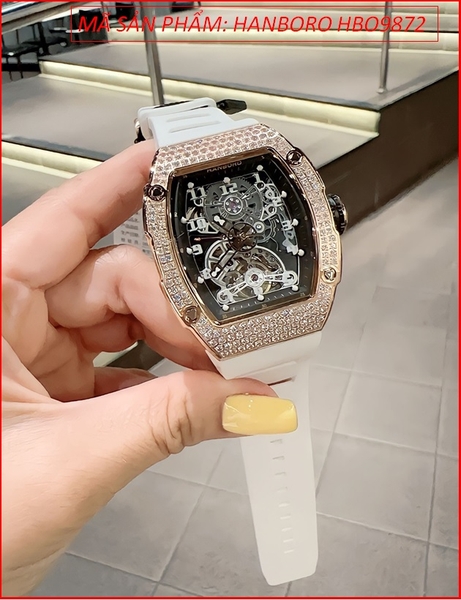 Đồng Hồ Nam Hanboro Automatic Đính Đá Rose Gold Dây Silicone Trắng