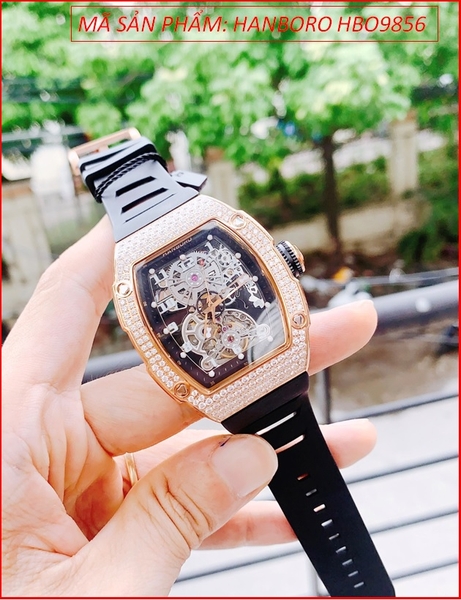 Đồng Hồ Nam Hanboro Automatic Đính Đá Rose Gold Dây Silicone (40x48mm)