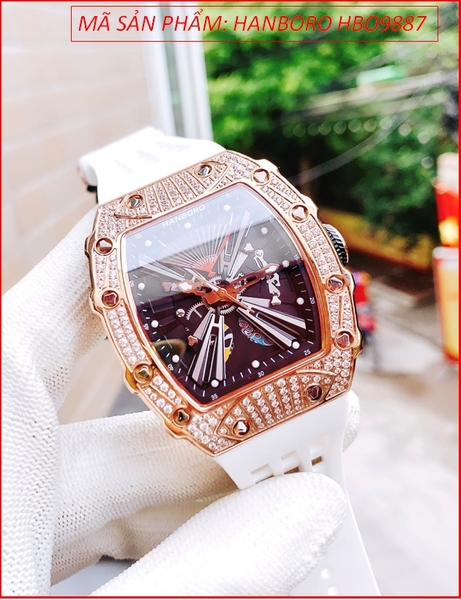 Đồng Hồ Nam Hanboro Automatic Đính Đá Rose Gold Dây Silicone Trắng