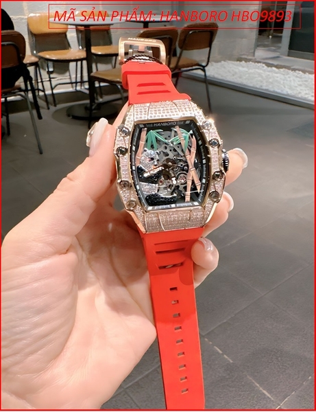 Đồng Hồ Nam Hanboro Họa Tiết Gấu Trúc Đính Đá Rose Gold Silicone Đỏ