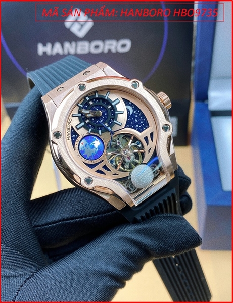 Đồng Hồ Nam Hanboro Automatic Lộ Cơ Mặt Rose Gold Dây Silicone