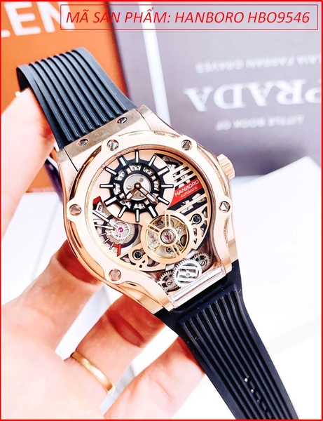 Đồng hồ Nam Hanboro Automatic Lộ Máy Cơ Tự Động Rose Gold Silicone