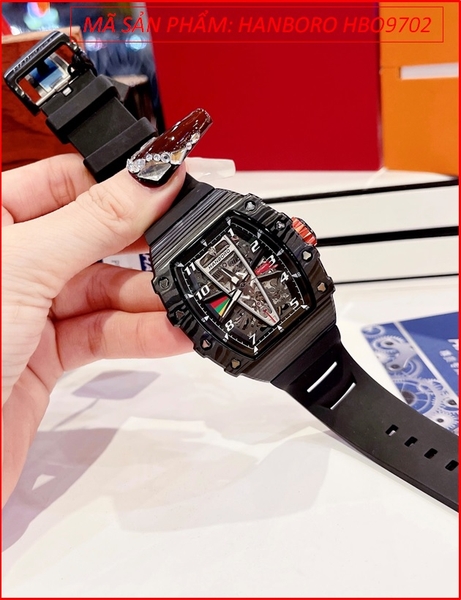Đồng Hồ Nam Hanboro Automatic Carbon Full Đen Dây Silicone Đen