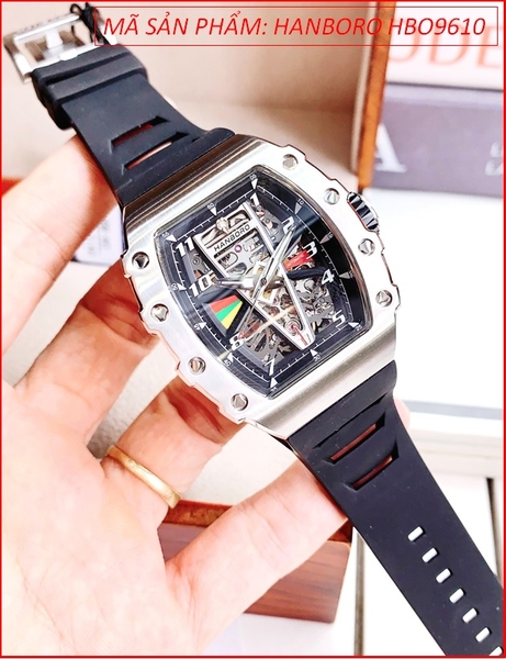 Đồng Hồ Nam Hanboro Automatic Hở Tim Lộ Máy Dây Silicone Đen