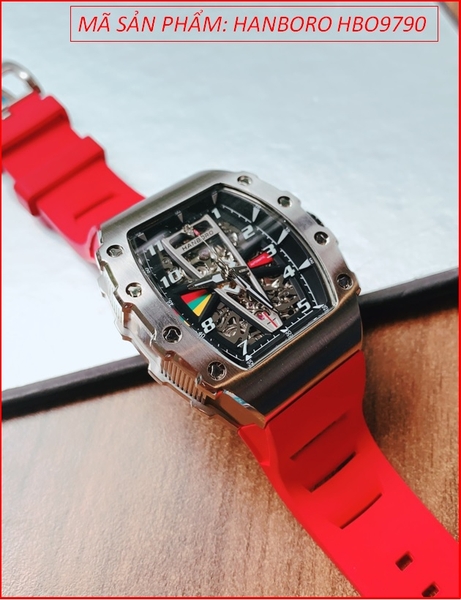 Đồng Hồ Nam Hanboro Automatic Hở Tim Lộ Máy Dây Silicone Đỏ
