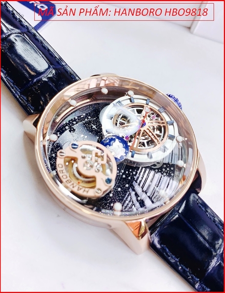 Đồng Hồ Nam Hanboro Automatic Mặt Dải Ngân Hà Dây Da Xanh Navy