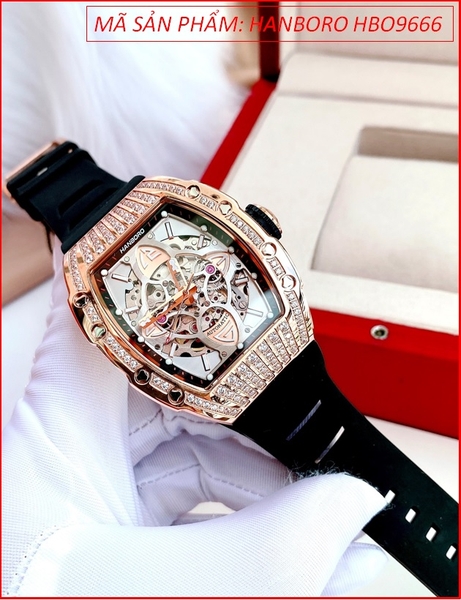 Đồng Hồ Nam Hanboro Automatic Mặt Oval Đính Đá Rose Gold Silicone (40x50mm)